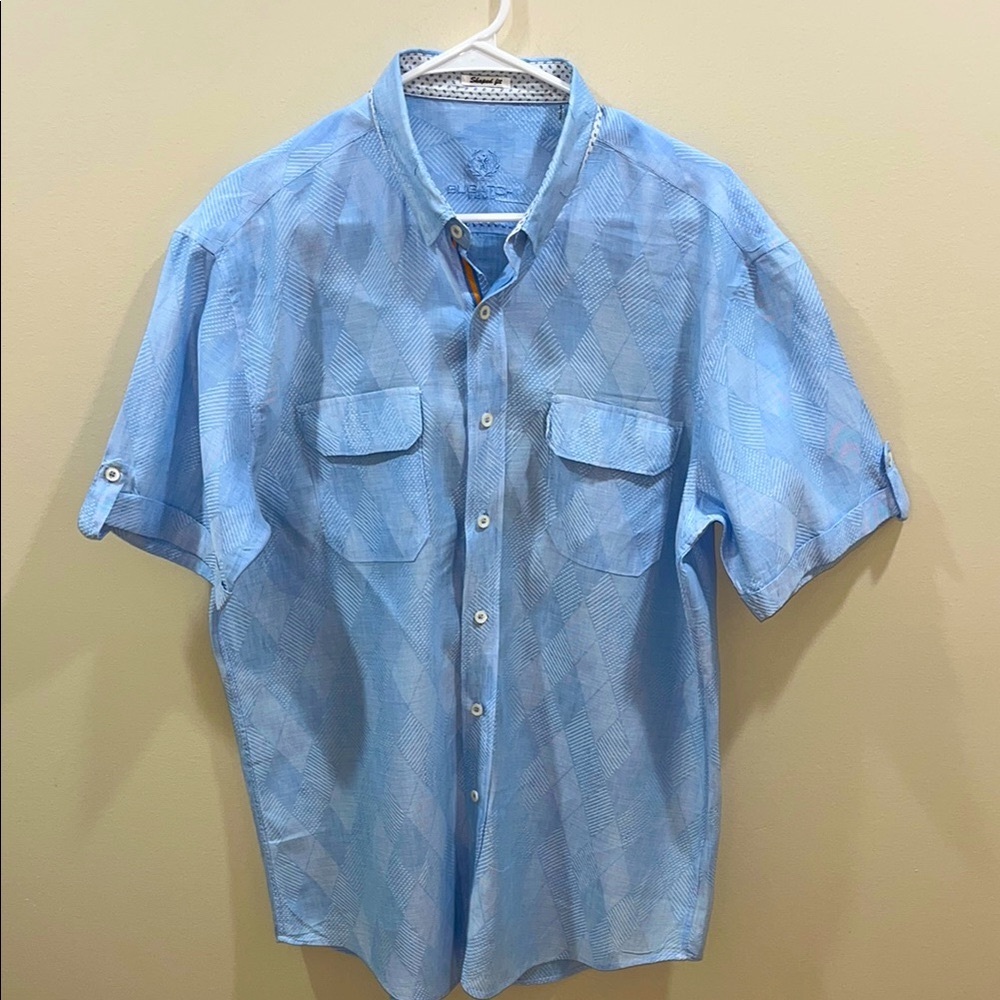 Bugatchi Men’s Cotton/Linen Blend Short Sleeve Blue Button Down. Large.